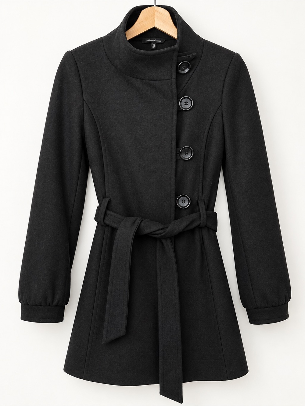 XS Black Belted Lined Wool Coat
